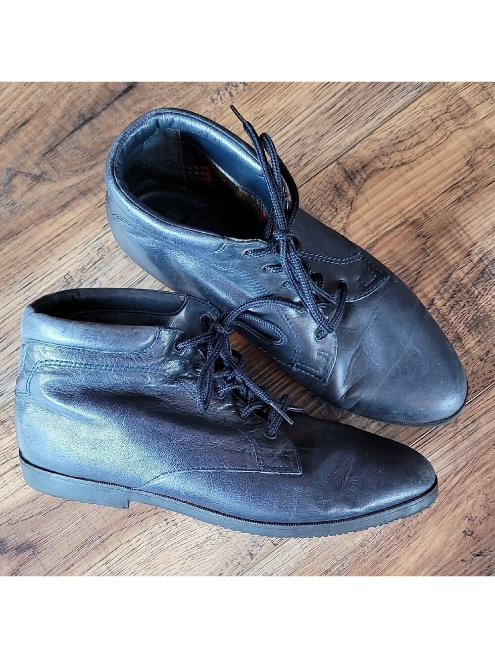 80s' Vintage Danexx Leather Ankle Boots, Size 7.5, Navy, Leather, Plaid Lining